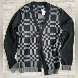 NWT Foreign Exchange Women Large Gray Blue Black Knit Button Up Cardigan Sweater